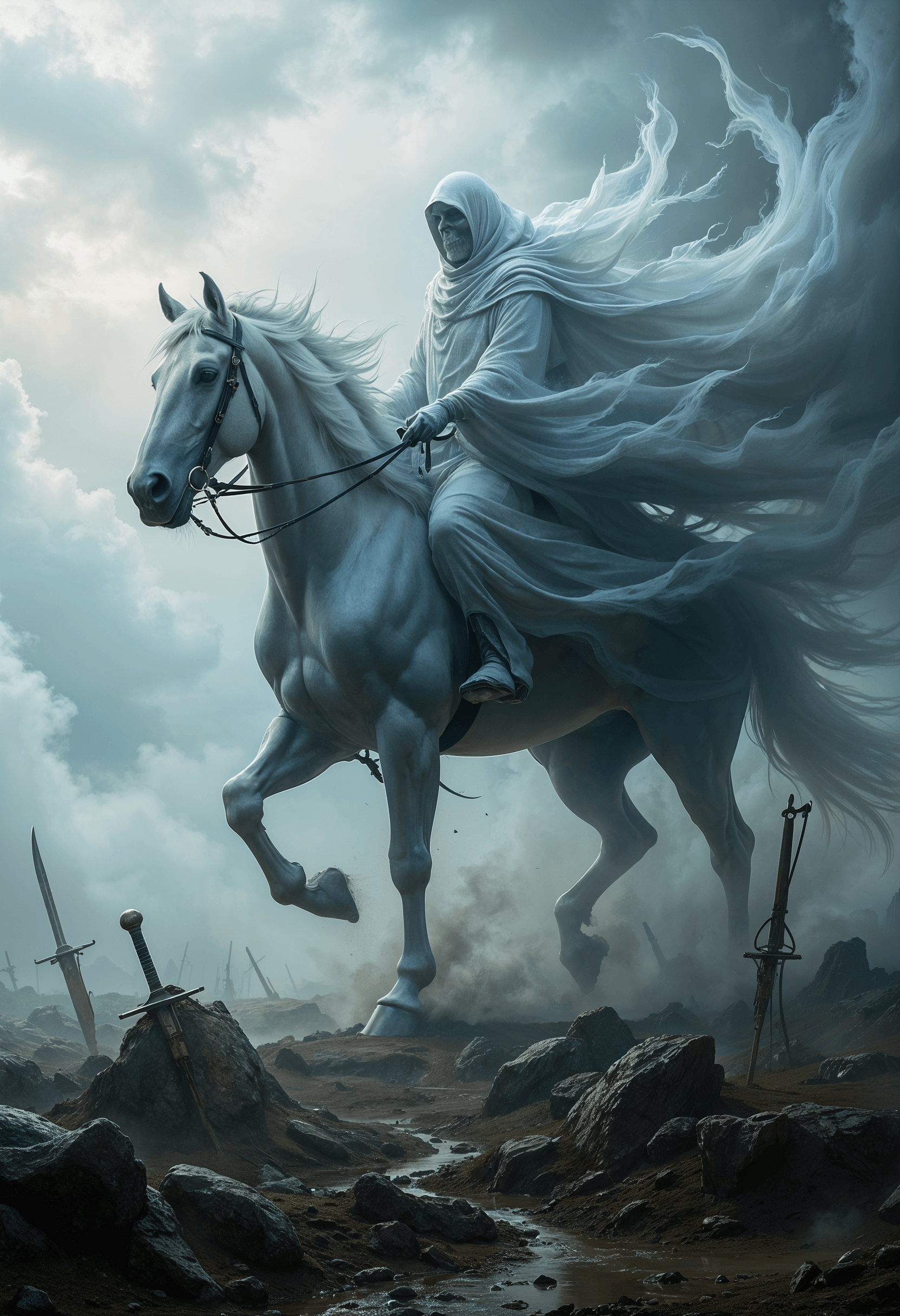 A painting of a ghost riding a white horse. | Ai generated | CGDream