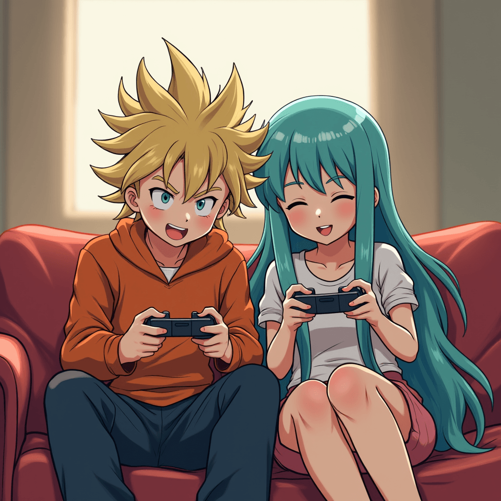 Two anime characters are sitting on a red couch, each holding a game ...