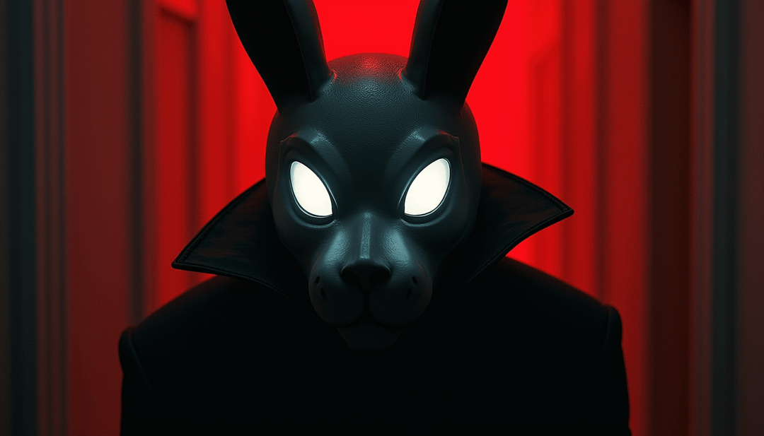 A close-up shot of a black rabbit mask in front of a red curtain. | Ai ...