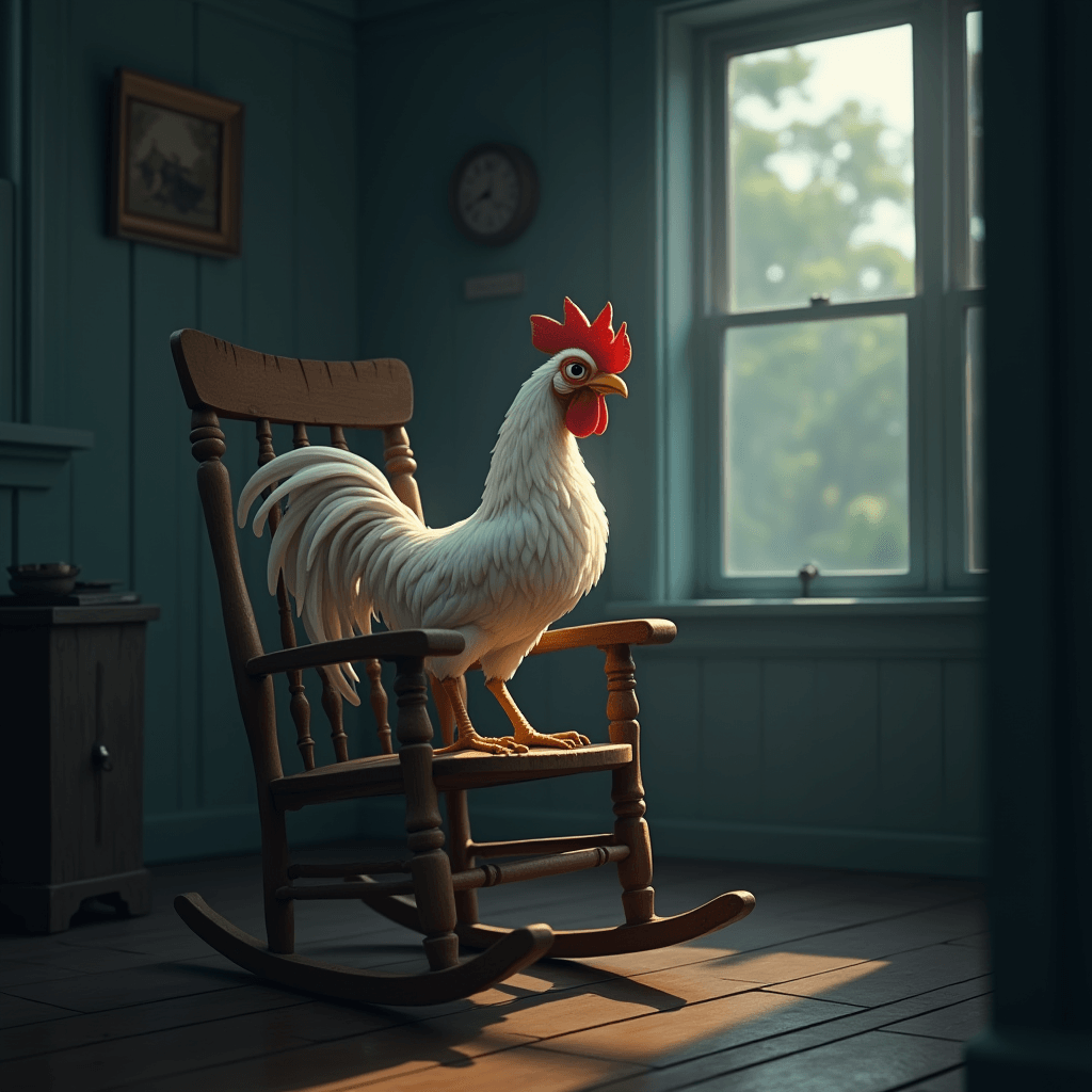 A white rooster sitting on a wooden rocking chair. | Ai generated | CGDream