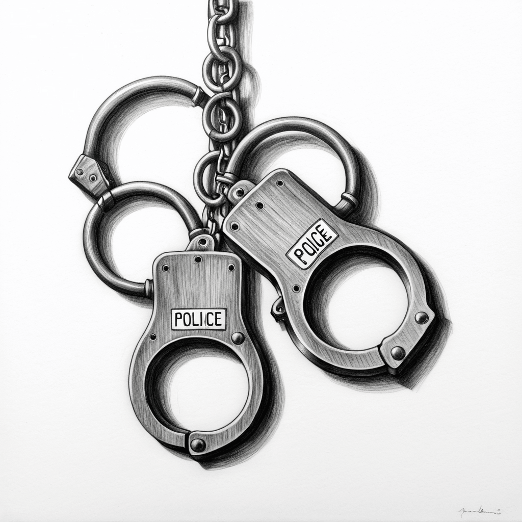 A close-up of a pair of silver handcuffs that say