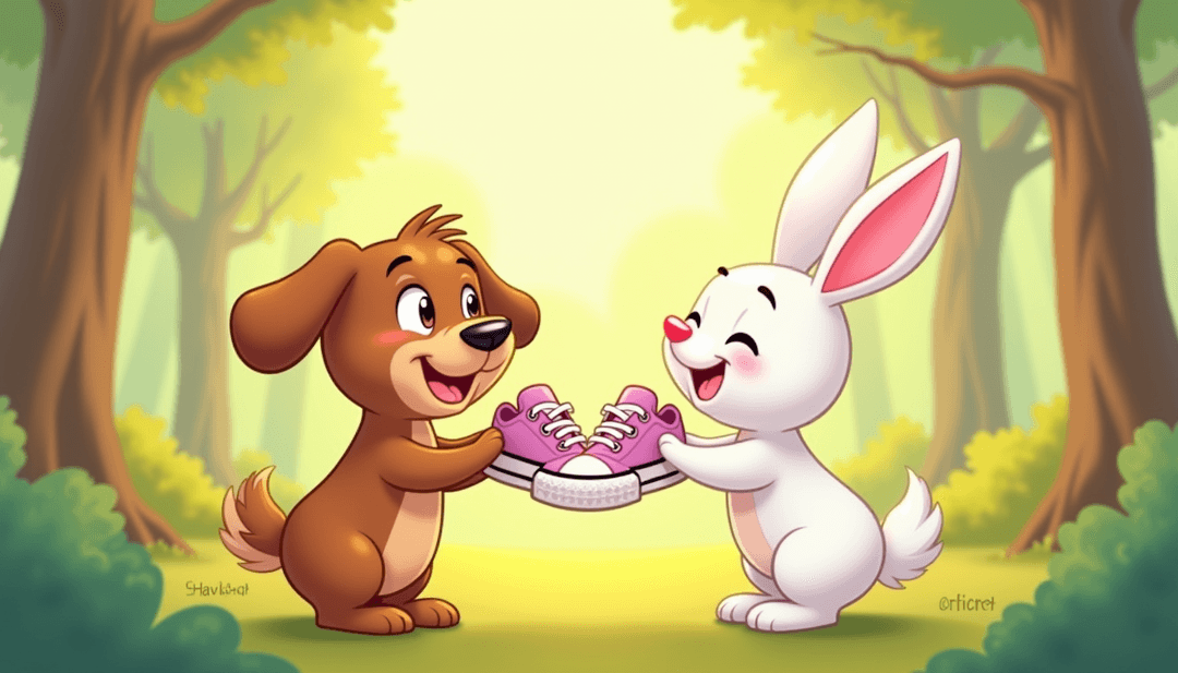 Rabbit Riding Dog A cartoon of a brown dog and a white rabbit holding pink shoes. | Ai ...