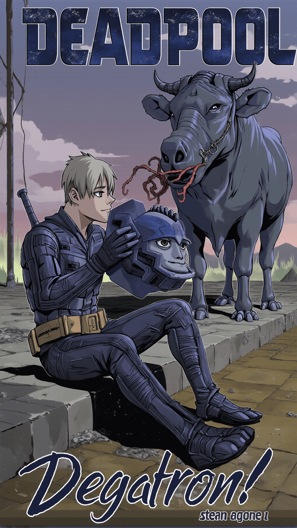 A cartoon drawing of a man and a cow with the caption