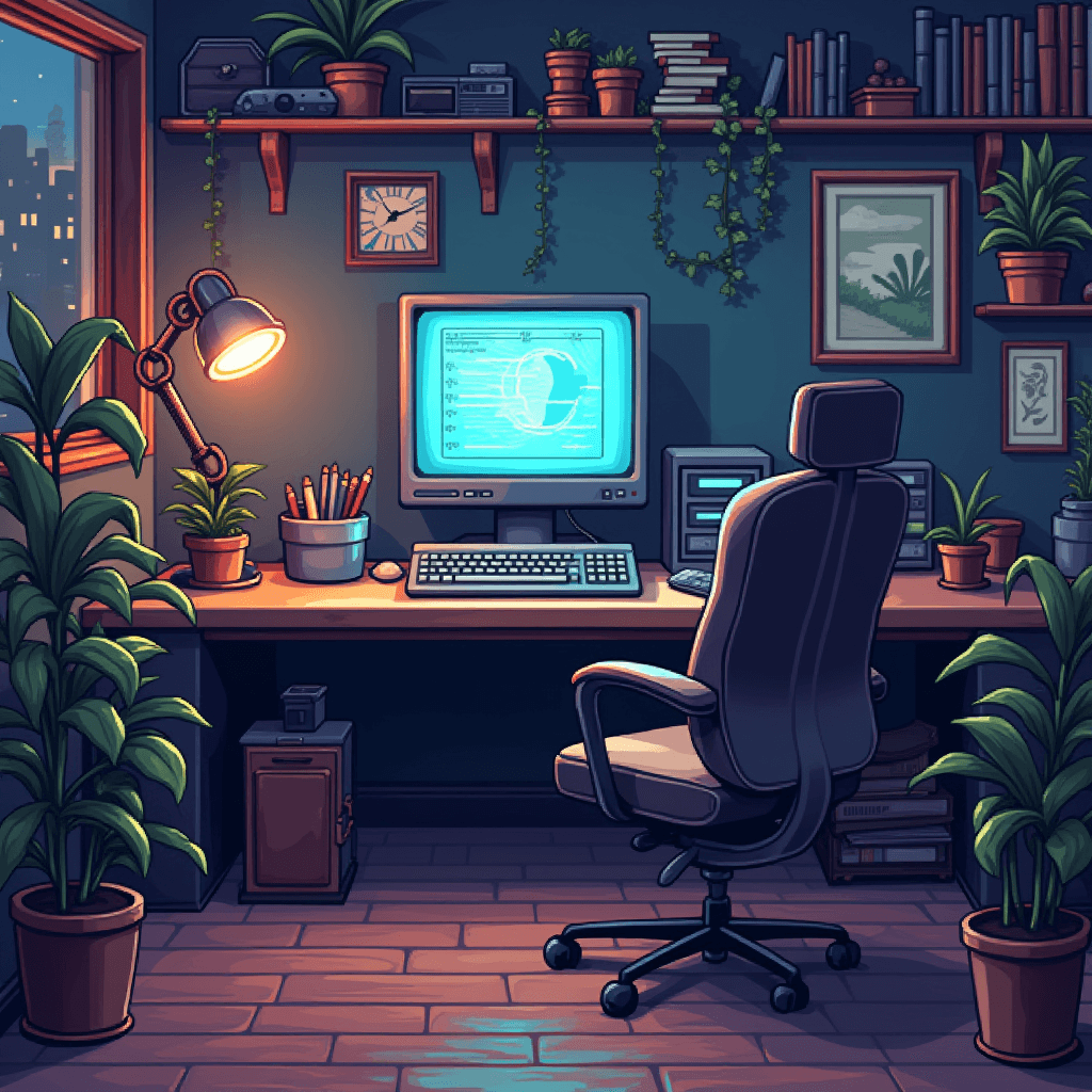 An illustration of a computer desk with a computer monitor and keyboard ...