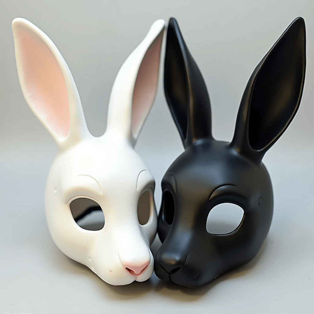 A close-up shot of a white rabbit and a black rabbit mask. | Ai ...